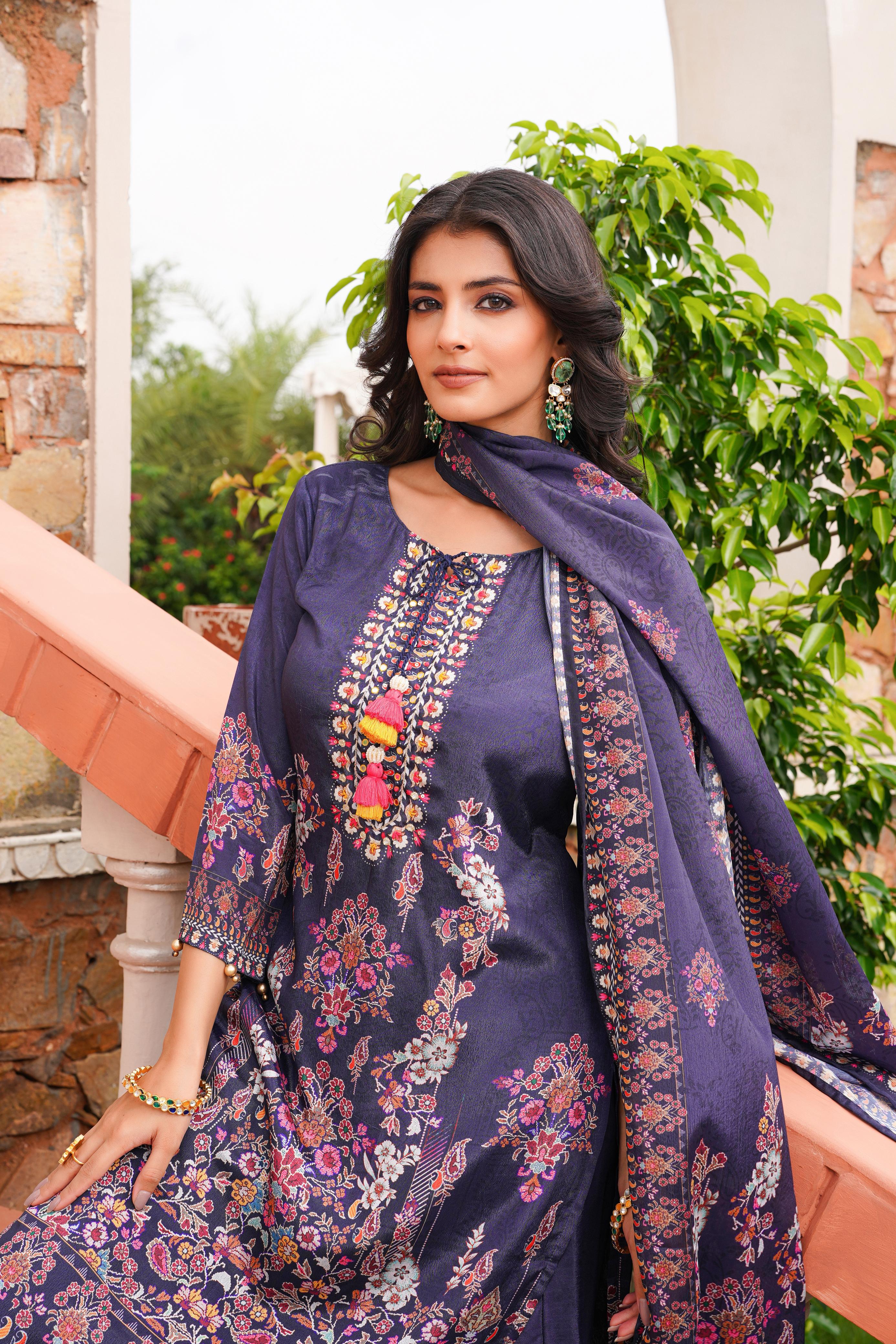 Purple embroided Crepe three piece suit